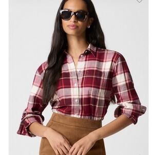 J. Crew Women Flannel Plaid Button Down Small Shirt Burgundy Ivory NWT J Crew